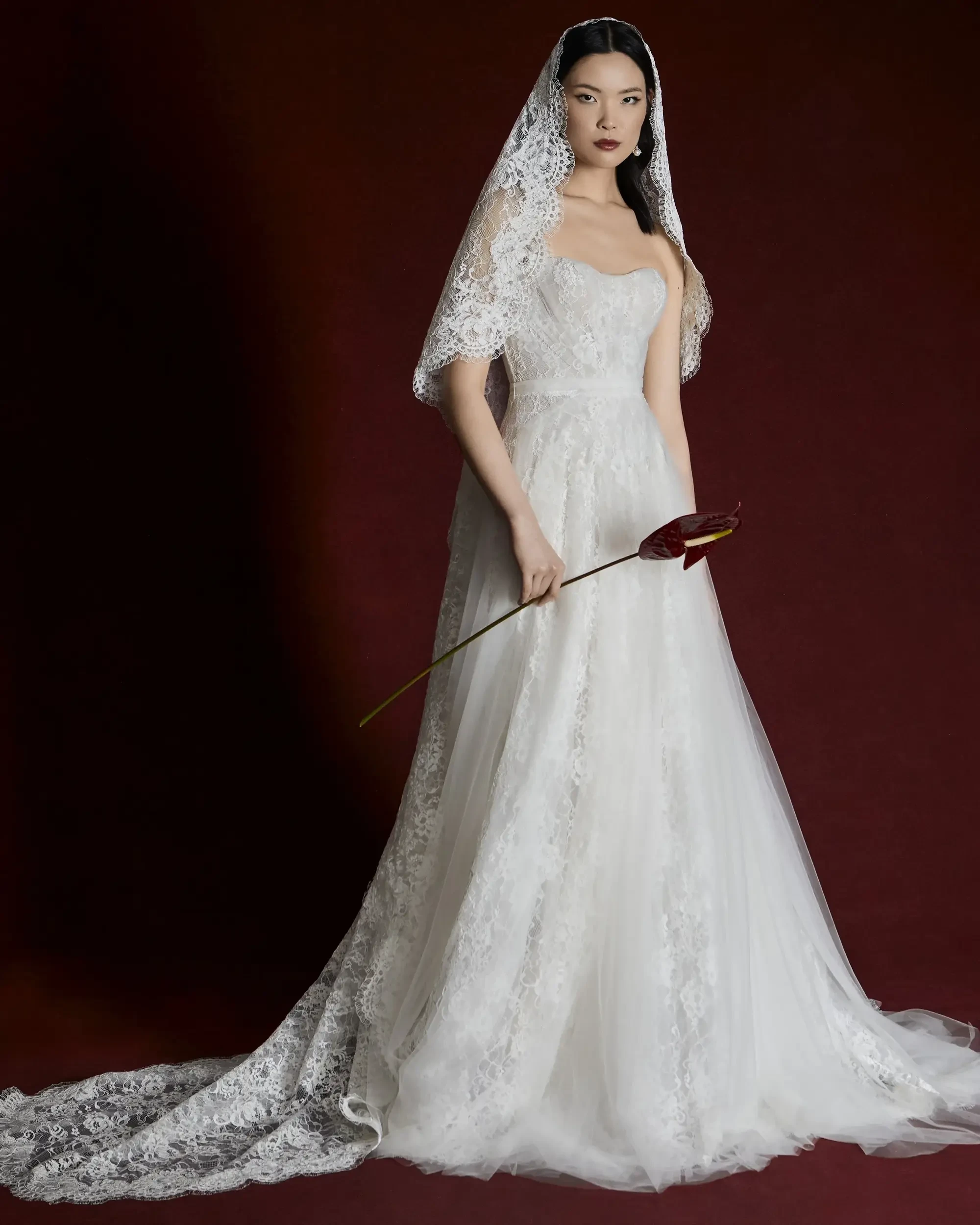 A woman wearing a white wedding gown with lace details and a veil, holding a red flower in front of her. The background is a deep, rich color.