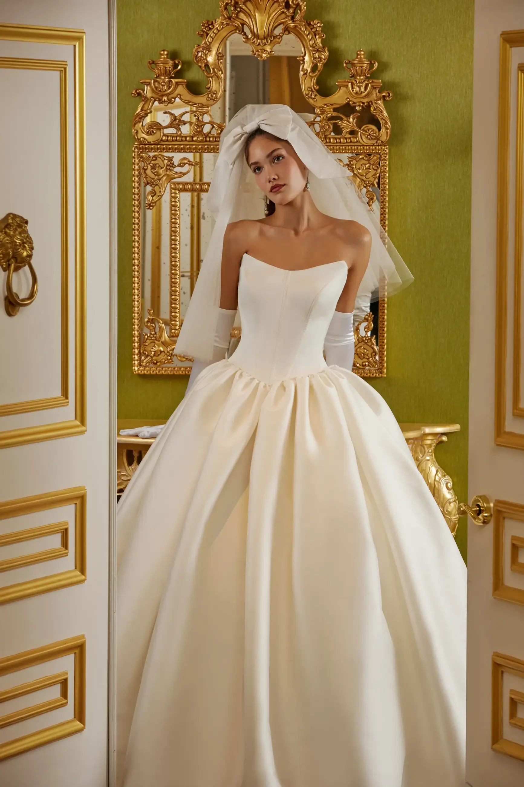 Model is wearing a mikado ball gown wedding dress with a basque waist by sareh nouri